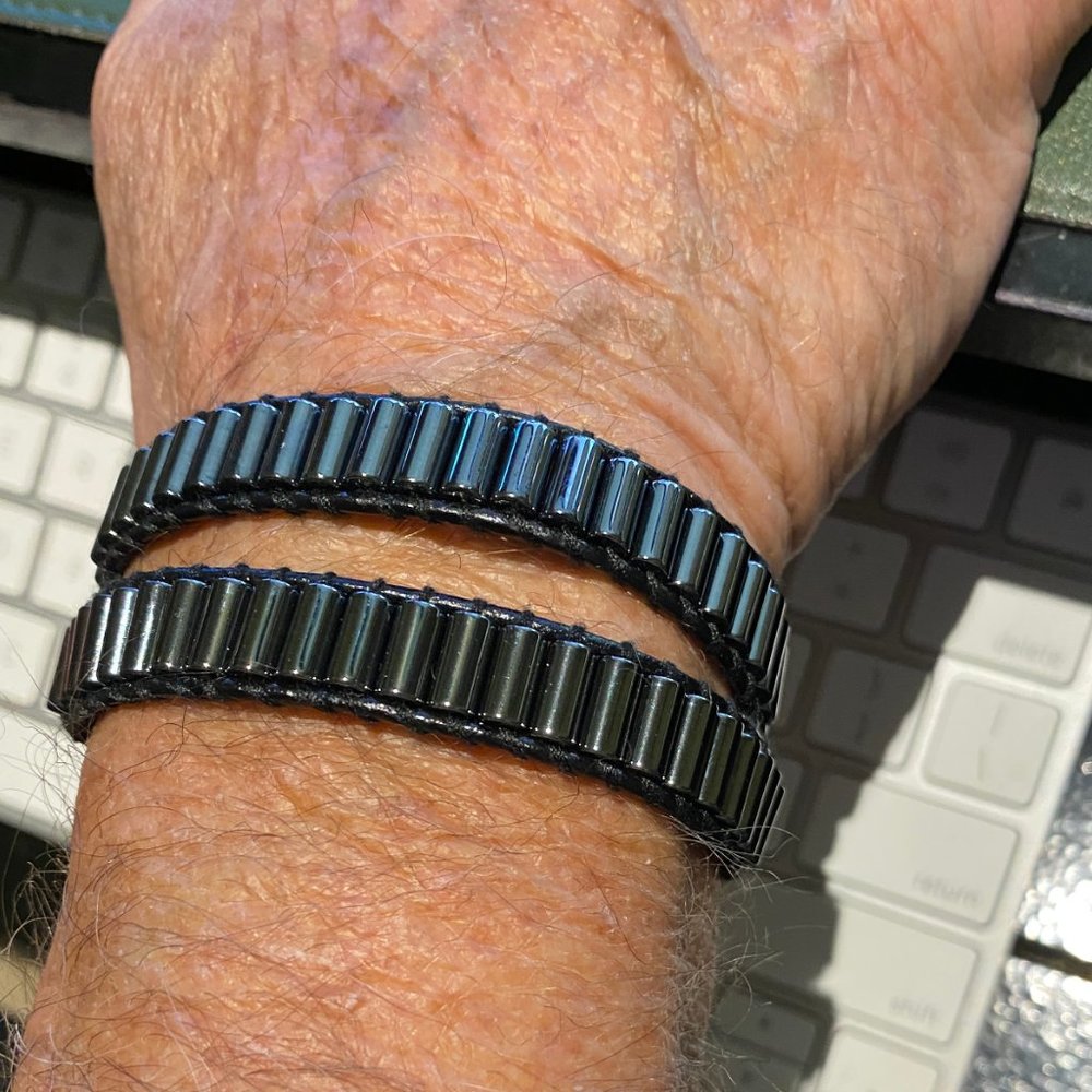 Black Leather Wrap Bracelet Hematite Beads for Men - Picture 3 of 4